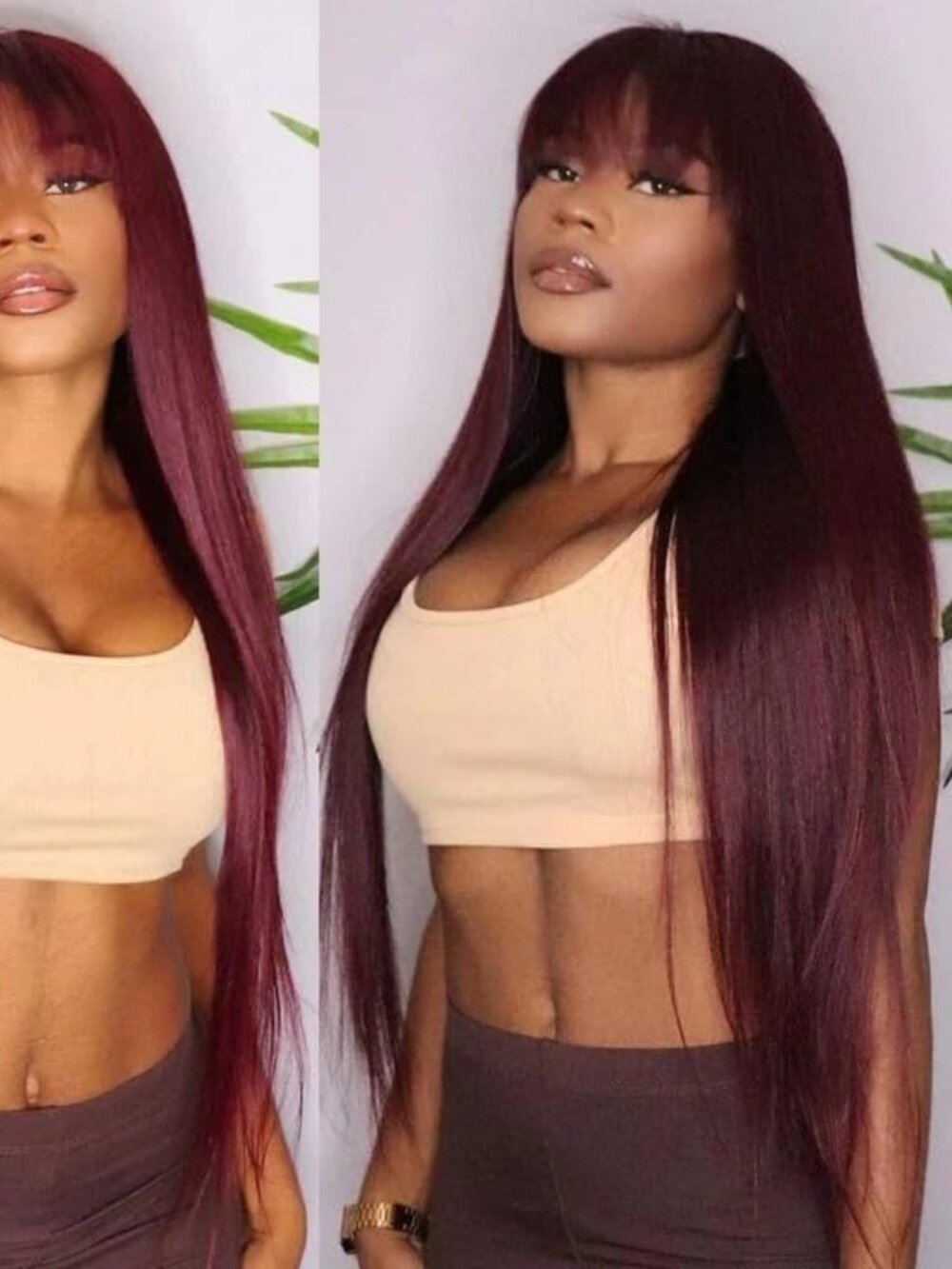 QVR 18" Queen Virgin Remy 99J Burgundy Human Hair 180 Density Bangs Top Lace Wig